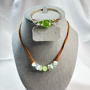 Double strand faux leather Necklace with acrylic beads & bracelet with glass